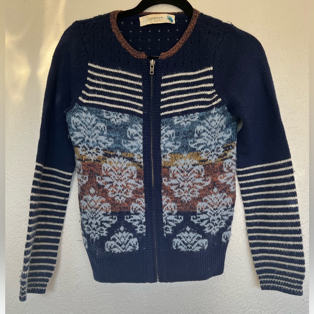 Women's Anthropologie SPARROW Zip Cardigan Blue Jacquard Sweater S Small